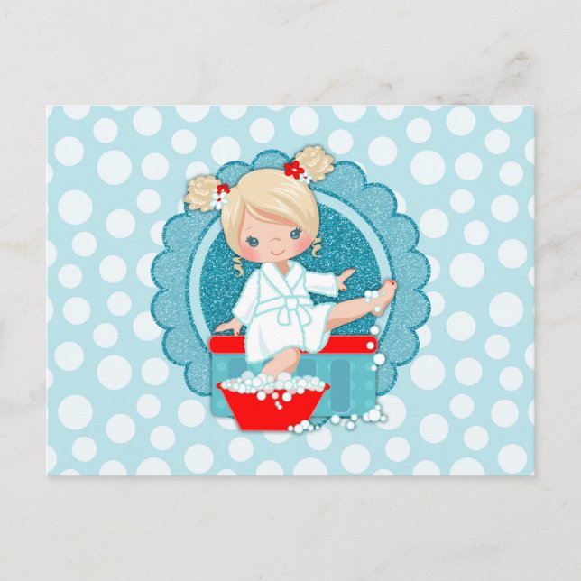 Blonde Spa Girl Bubbles Turquoise Red White Postcard (Front)
