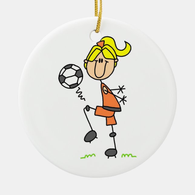 Blonde Stick Figure Soccer Player Girl Gifts Ceramic Tree Decoration (Front)