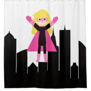 Blonde Super Girl Hero City Skyscrapers Shower Curtain