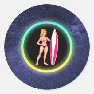 Blonde Surfer Teenage Girl Galaxy     Classic Round Sticker