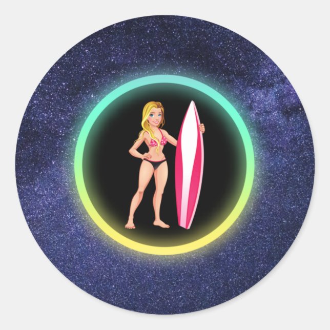 Blonde Surfer Teenage Girl Galaxy     Classic Round Sticker (Front)