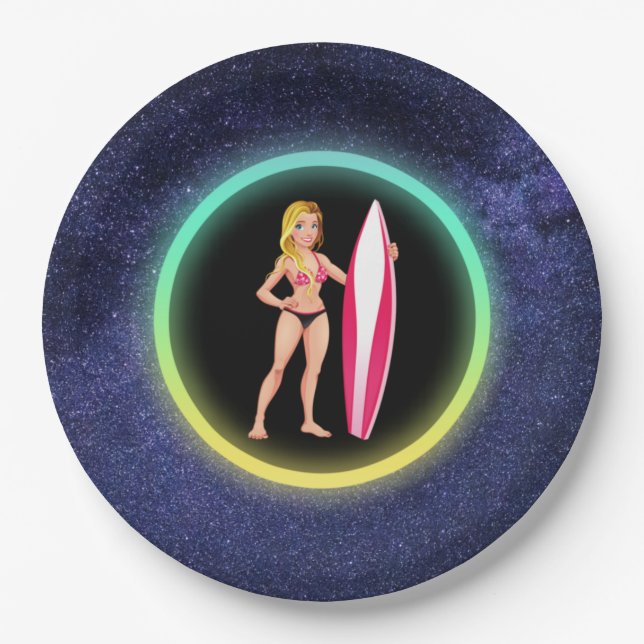Blonde Surfer Teenage Girl Galaxy    Paper Plate (Front)
