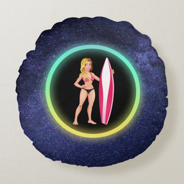 Blonde Surfer Teenage Girl Galaxy  Round Cushion (Front)