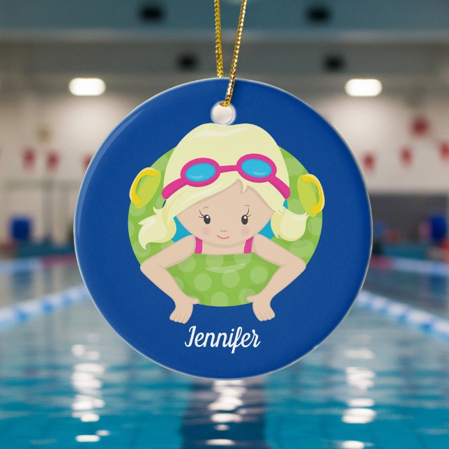 Blonde Swim Girl Cute Custom Swimmer Kids Ceramic Tree Decoration (Creator Uploaded)