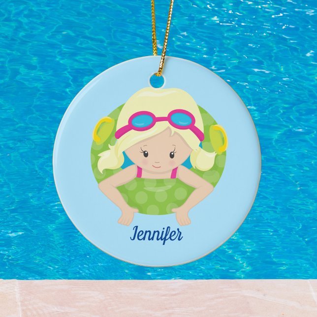 Blonde Swim Girl Cute Drawing Custom Blue Pool Ceramic Tree Decoration (Creator Uploaded)