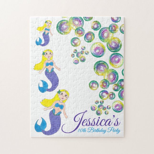 Blonde Swimming Mermaid Birthday Party Splash Jigsaw Puzzle (Vertical)