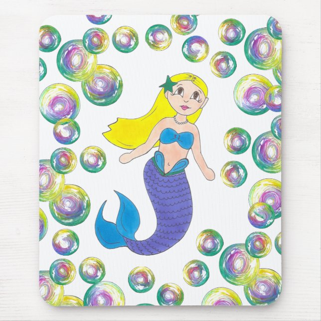 Blonde Swimming Mermaid Girl Bubbles Ocean Sea Mouse Mat (Front)