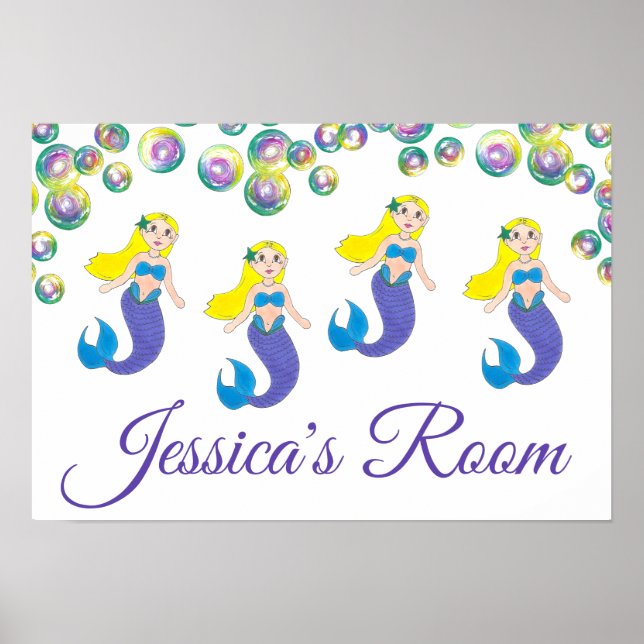 Blonde Swimming Mermaid Girl Personalised Bedroom Poster (Front)