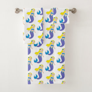 Blonde Swimming Mermaid Girl Purple Tail Ocean Sea Bath Towel Set