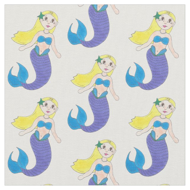 Blonde Swimming Mermaid Girl Purple Tail Ocean Sea Fabric (Close Up)