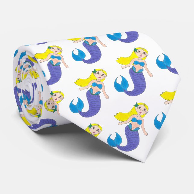 Blonde Swimming Mermaid Girl Purple Tail Ocean Sea Tie (Rolled)