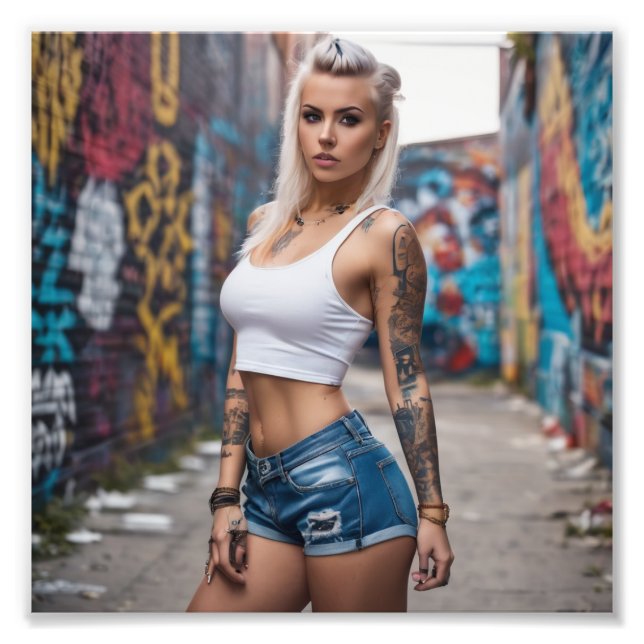Blonde Tattoo Punk Girl in Graffiti Alley Photo Print (Front)