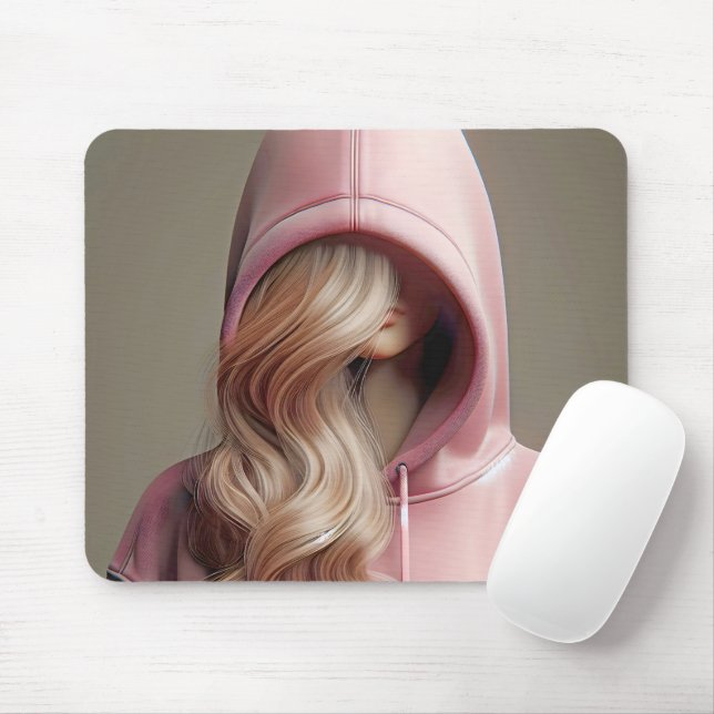 Blonde Teen Girl In a Pink Hoodie Mouse Mat (With Mouse)