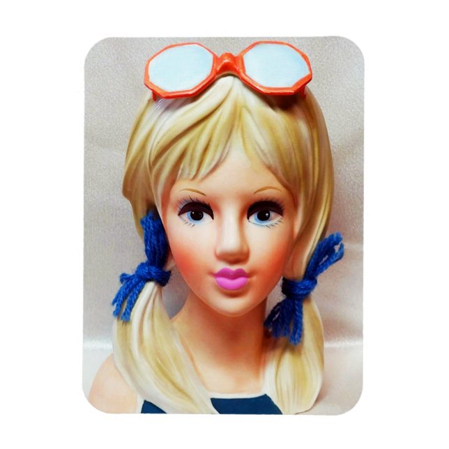Blonde Teen Lady Head Vase Sunglasses Pigtails Magnet (Vertical)