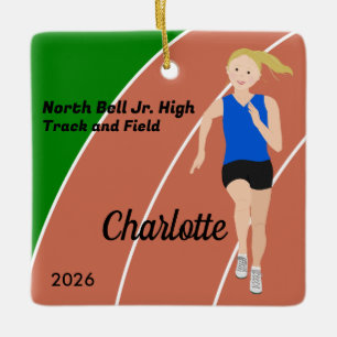 Blonde Track and Field Girl Blue Black Ceramic Ornament