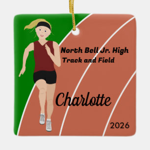 Blonde Track and Field Girl in Maroon and Black Ceramic Ornament