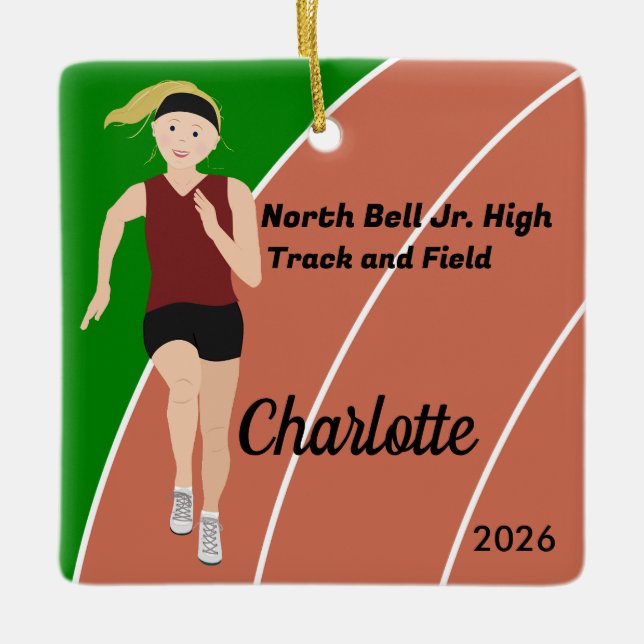 Blonde Track and Field Girl in Maroon and Black Ceramic Ornament (Front)
