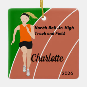 Blonde Track and Field Girl in Orange Black Ceramic Ornament