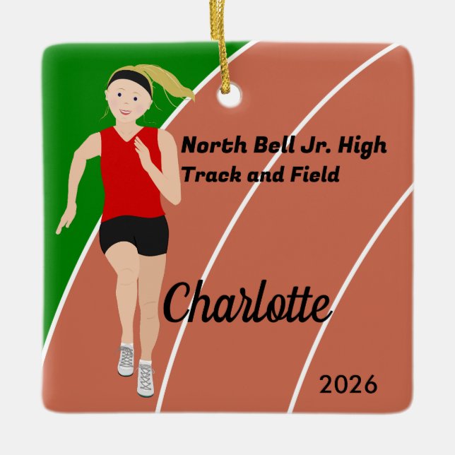 Blonde Track and Field Girl in Red Black Ceramic Ornament (Front)