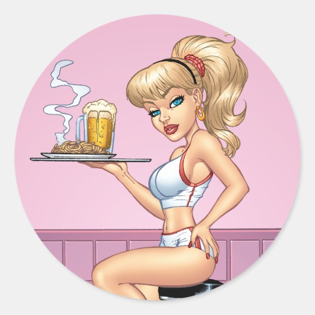 Blonde Waitress Serving Plate Of Food and Beer Classic Round Sticker (Front)