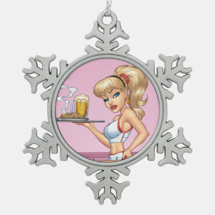 Blonde Waitress Serving Plate Of Food and Beer Snowflake Pewter Christmas Ornament