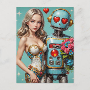 Blonde Woman and a Robot Found Love Postcard
