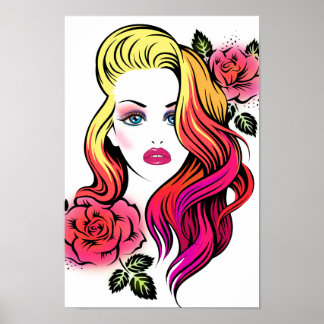 Blonde woman blue eyes with roses and rainbow hair poster