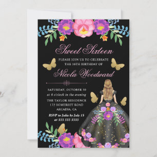 Blonde Woman in Mexican Floral Dress Sweet 16 Invitation