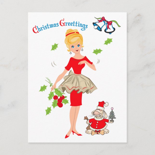 Blonde Woman in Red Dress and Santa Dog, holiday Postcard (Front)