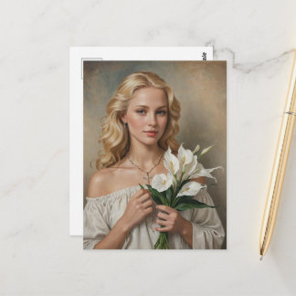 Blonde Woman With Cross Necklace and Flowers Postcard