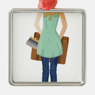 Blonde Woman with Suitcase Metal Tree Decoration