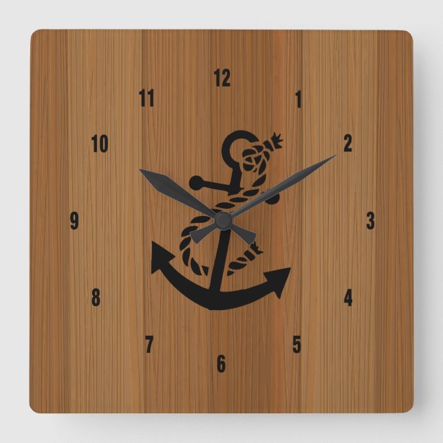 Blonde Wood And Brown Nautical Anchor Square Wall Clock (Front)