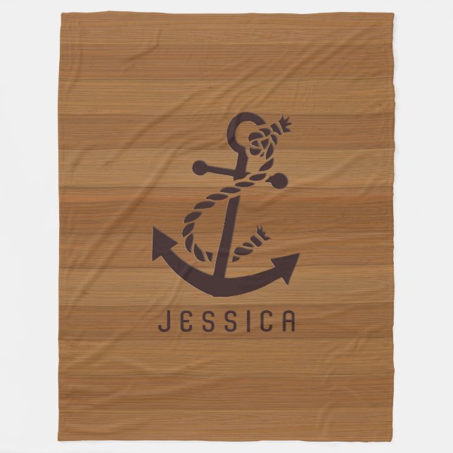 Blonde Wood Planks Brown Nautical Anchor Fleece Blanket (Front)