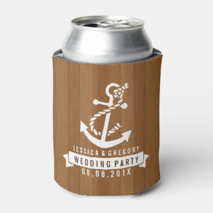 Blonde Wood Stripes White Nautical Boat Anchor Can Cooler