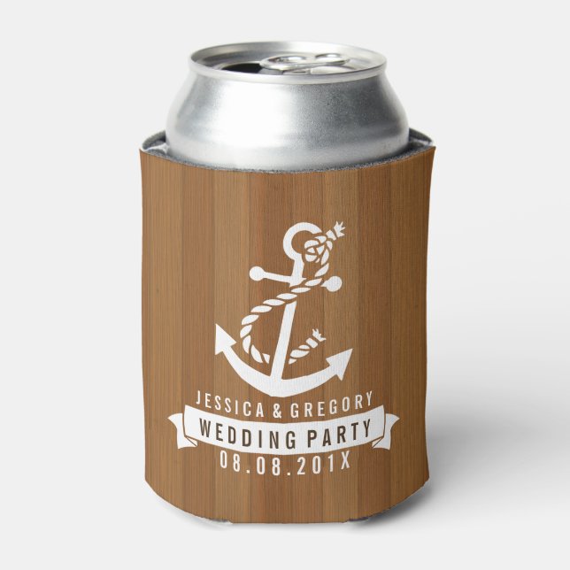 Blonde Wood Stripes White Nautical Boat Anchor Can Cooler (Can Front)