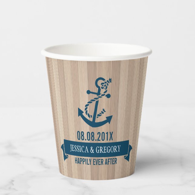 Blonde Wood Texture Navy-Blue Nautical Boat Anchor Paper Cups (Front)