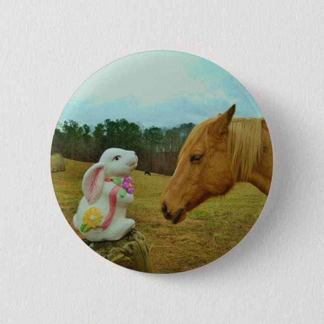 Blonde Yellow horse & Easter Bunny 6 Cm Round Badge (Front)