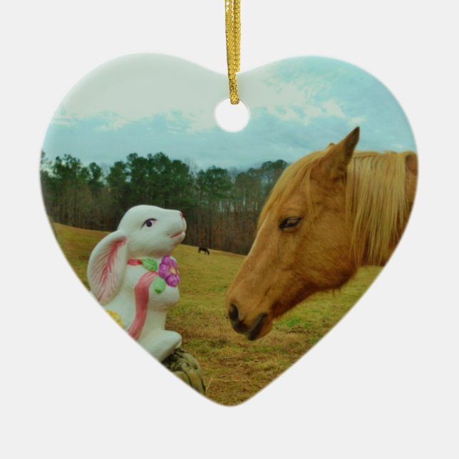 Blonde Yellow horse & Easter Bunny Ceramic Tree Decoration (Front)