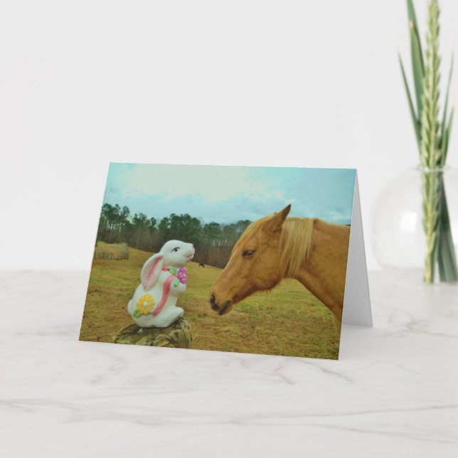 Blonde Yellow horse & Easter Bunny Holiday Card (Front)