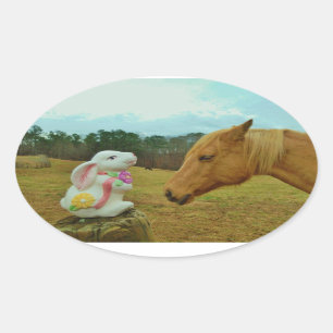 Blonde Yellow horse & Easter Bunny Oval Sticker