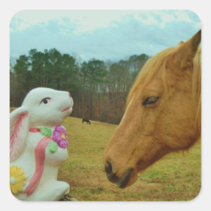 Blonde Yellow horse & Easter Bunny Square Sticker