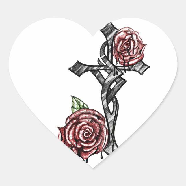 Blood and Roses Cross Heart Sticker (Front)