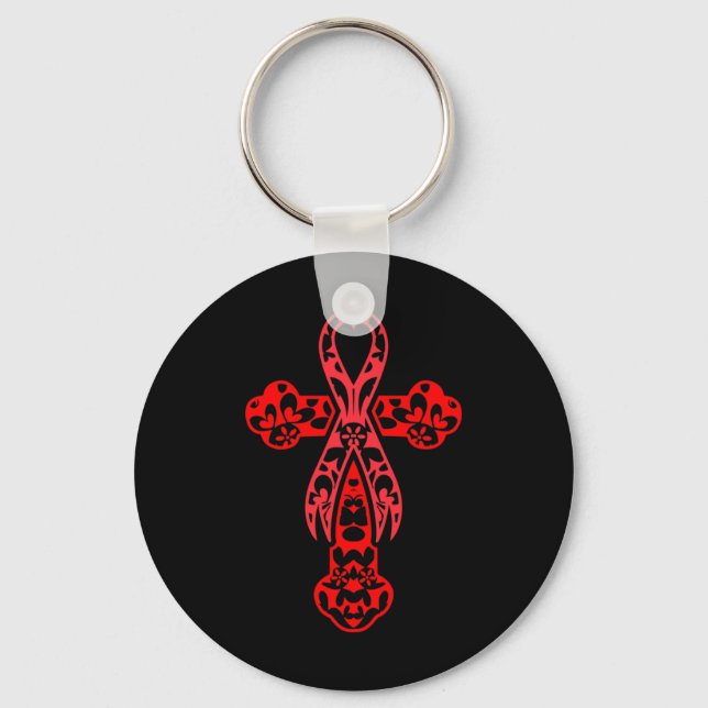 Blood Cancer Awareness Cross God Red Ribbon Faith  Key Ring (Front)