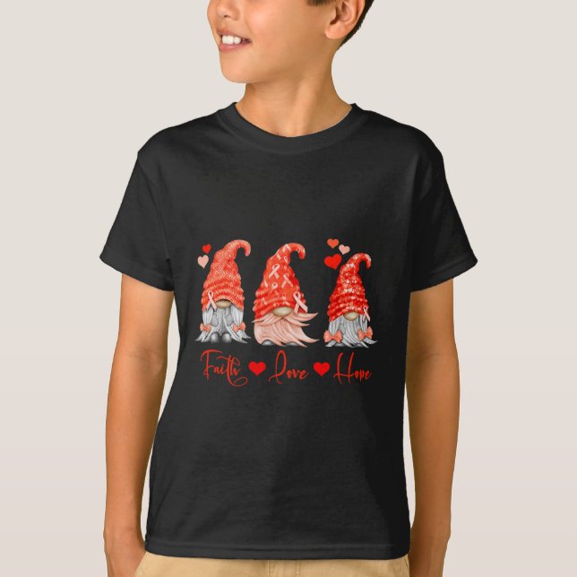 Blood Cancer Faith Hope Love Red Gnomes Heart Warr T-Shirt (Front)