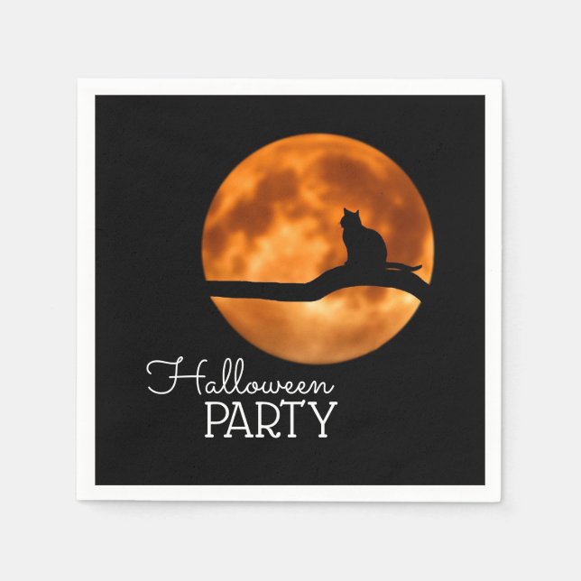 Blood Moon & Cat Silhouette, Halloween Party Napkin (Front)