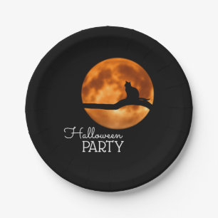 Blood Moon & Cat Silhouette, Halloween Party Paper Plate