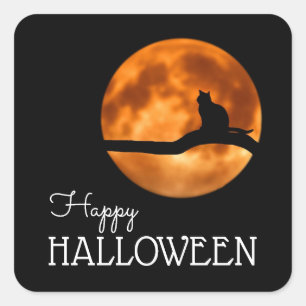 Blood Moon & Cat Silhouette, Happy Halloween Square Sticker