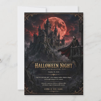 Blood Moon Gothic Castle Halloween Night Party Inv Invitation