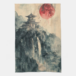 Blood Moon Pagoda Ink Wash Tea Towel