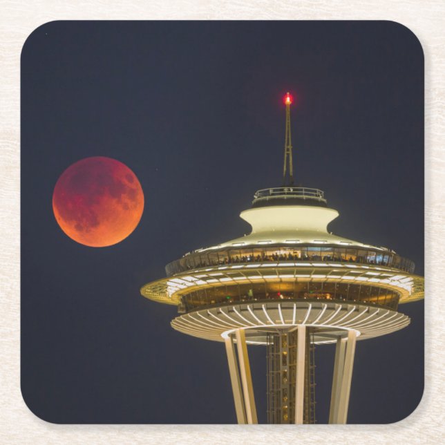 Blood Moon | Seattle Space Needle Square Paper Coaster (Front)